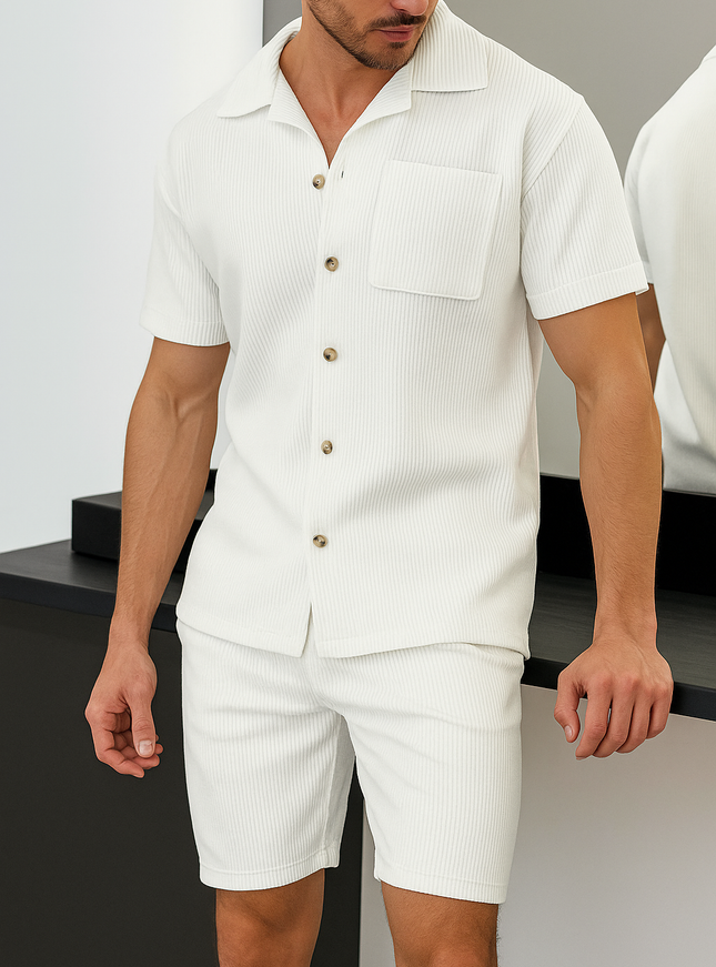 Men's Full Size Button Up Top and Shorts Set Plus Size